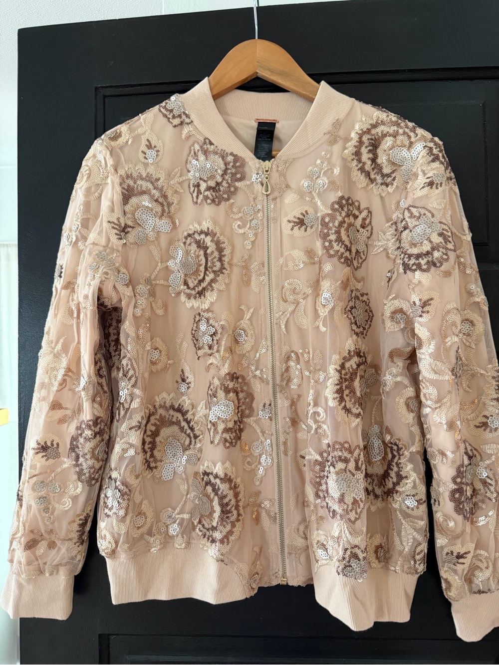 Chico's Blush Embellished Floral Bomber Jacket